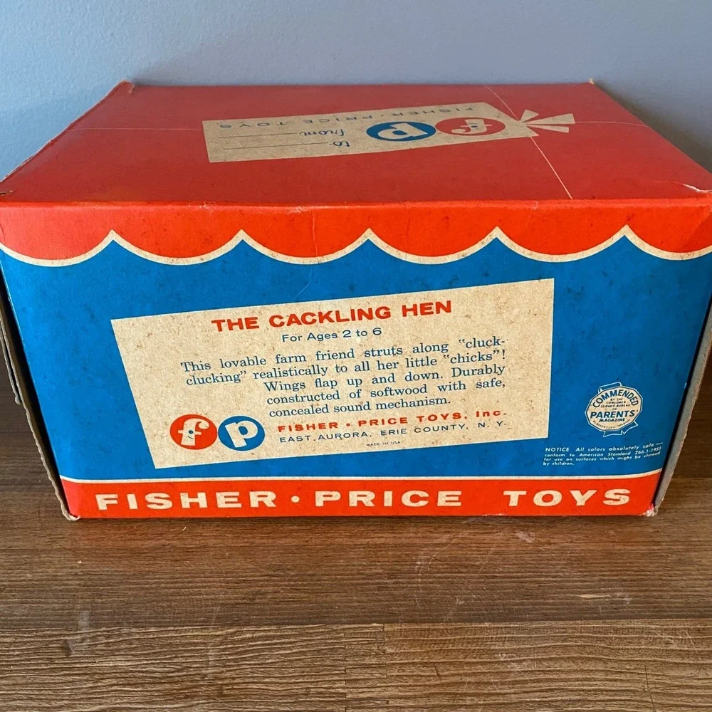 Vintage Fisher Price The Cackling Hen 120 Wooden Pull Toy with Original Box
